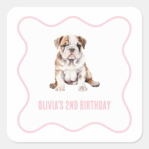 Puppy bulldog preppy roze ruitjestaart verjaardag vierkante sticker