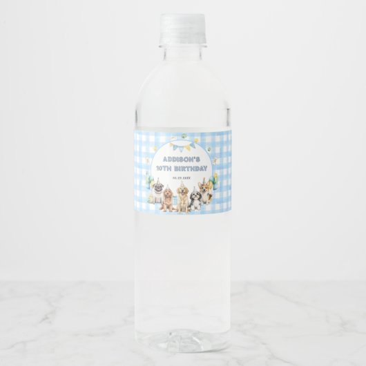Puppy Calling All Pawty Animals Blue Water Label Waterfles Etiket (Voorkant)