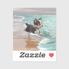 Puppy cartoon spelen op het strand sticker