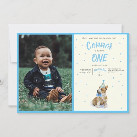 Puppy 🐶 Corgi Boys Eerste Verjaardag Party Foto Kaart (Voorkant)