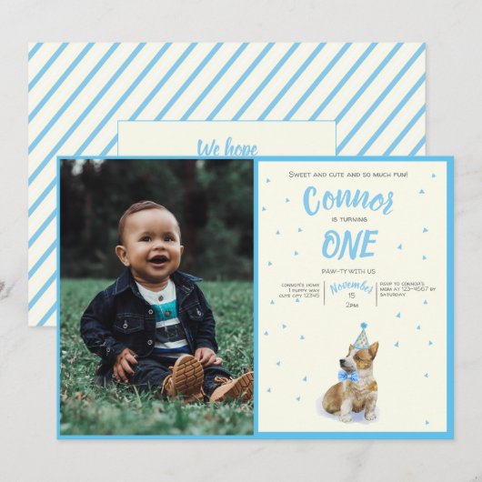 Puppy 🐶 Corgi Boys Eerste Verjaardag Party Foto Kaart (Voorkant / Achterkant)