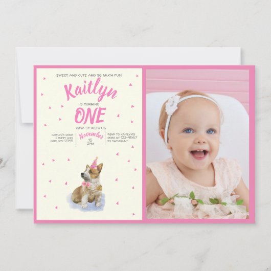 Puppy 🐶 Corgi Hond Eerste Meisjes Verjaardagsfoto Kaart (Voorkant)