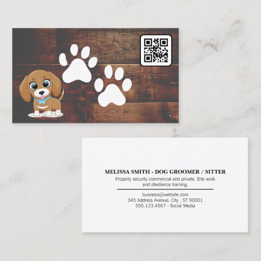 Puppy | Cute Doggie Paws | Hout | QR-code Visitekaartje (Voorkant / Achterkant)