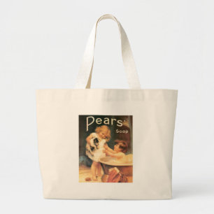 Puppy die een bad neemt vintage antiek grote tote bag