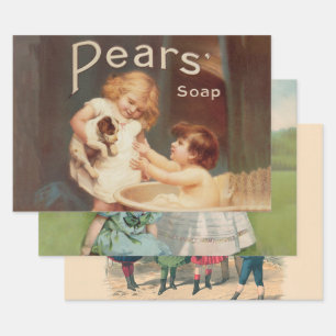 Puppy die een bad neemt vintage antiek inpakpapier vel