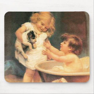 Puppy die een bad neemt vintage antiek muismat