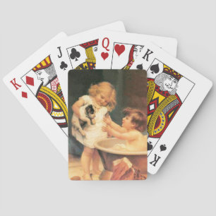 Puppy die een bad neemt vintage antiek pokerkaarten