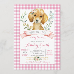 Puppy dog baby shower nodigde roze meisje uit kaart