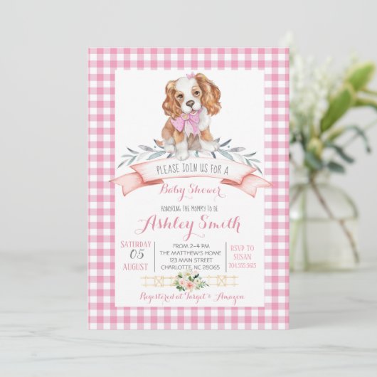 Puppy dog baby shower nodigde roze meisje uit kaart (Staand voorkant)