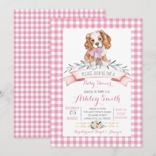 Puppy dog baby shower nodigde roze meisje uit kaart (Voorkant / Achterkant)