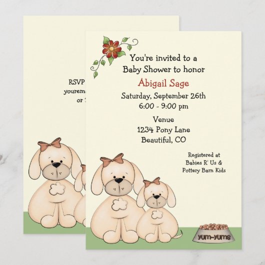 Puppy Dog Baby shower Uitnodiging voor Meisjes (Voorkant / Achterkant)