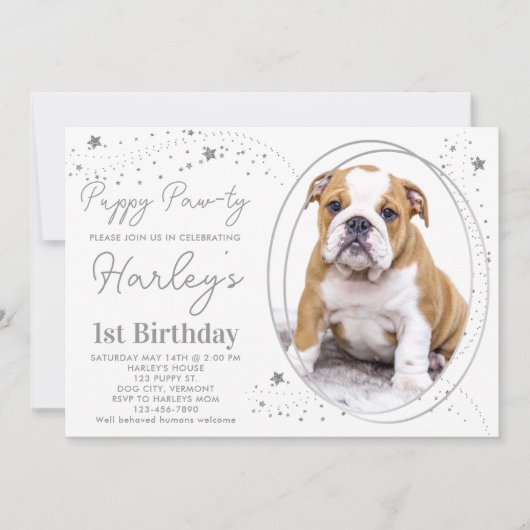Puppy Dog Birthday Custom Pet Photo Silver Stars Kaart (Voorkant)
