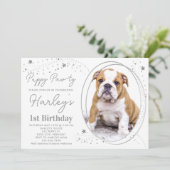 Puppy Dog Birthday Custom Pet Photo Silver Stars Kaart (Staand voorkant)