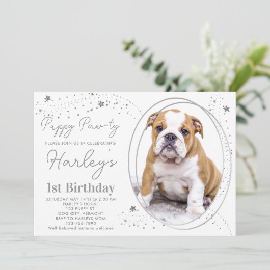 Puppy Dog Birthday Custom Pet Photo Silver Stars Kaart (Staand voorkant)