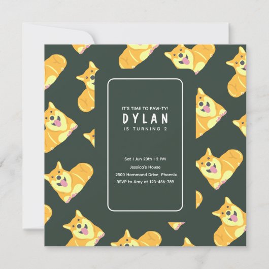 Puppy Dog Birthday Invitation Square Party Pawty Kaart (Voorkant)