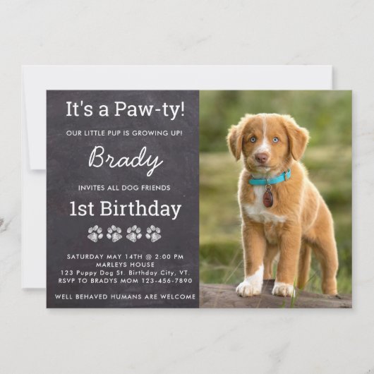 Puppy Dog Birthday Party Custom Photo Chalkboard Kaart (Voorkant)