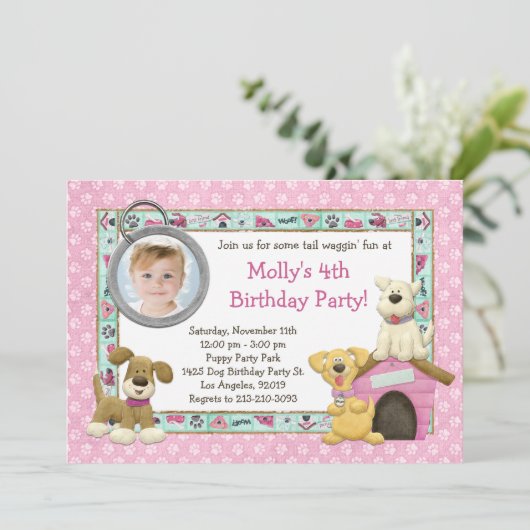 Puppy Dog Birthday Party Invitation Kaart (Staand voorkant)