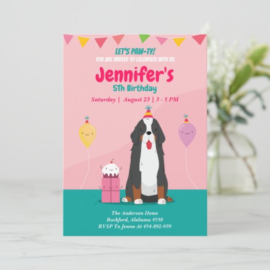 Puppy Dog Birthday roze uitnodiging, bewerkbaar Kaart (Staand voorkant)