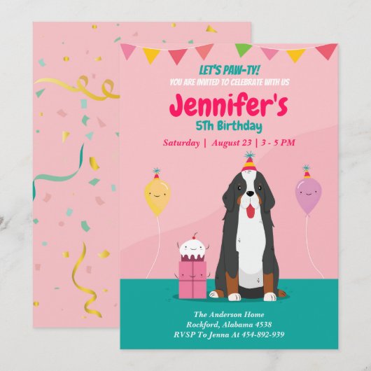 Puppy Dog Birthday roze uitnodiging, bewerkbaar Kaart (Voorkant / Achterkant)