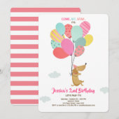 Puppy dog Birthday-uitnodiging Balloons Girl-roze Kaart (Voorkant / Achterkant)