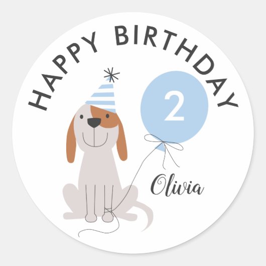 Puppy Dog Blue Happy Birthday Label Sticker (Voorkant)