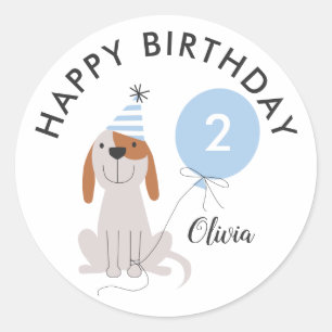 Puppy Dog Blue Happy Birthday Label Sticker