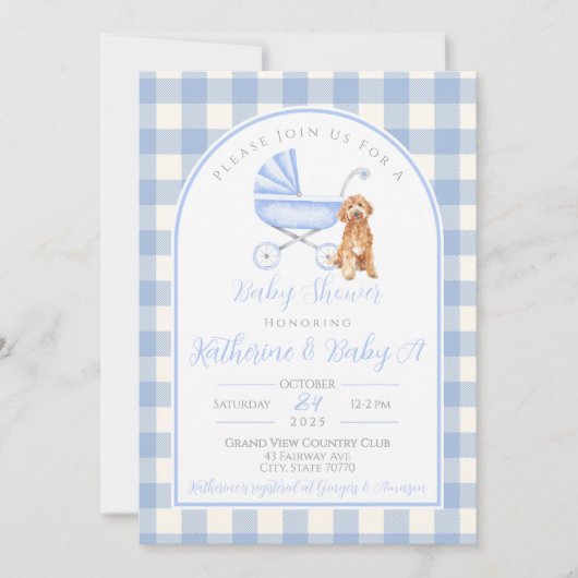 Puppy Dog Boy Baby shower Gingham Uitnodiging (Voorkant)