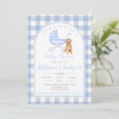 Puppy Dog Boy Baby shower Gingham Uitnodiging (Staand voorkant)