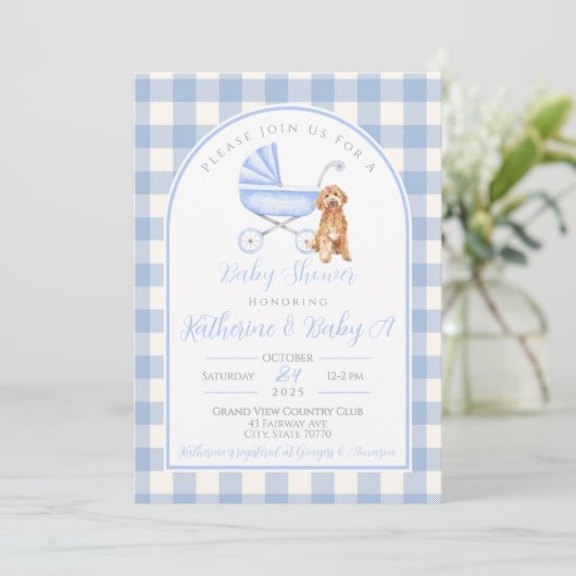 Puppy Dog Boy Baby shower Gingham Uitnodiging (Staand voorkant)