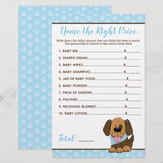 Puppy Dog Boy Baby shower Price Right Game (Voorkant / Achterkant)