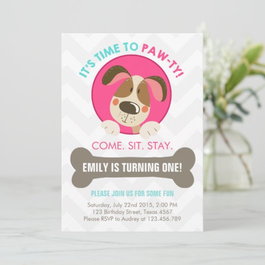 Puppy dog call roze turquoise chevron kaart (Staand voorkant)