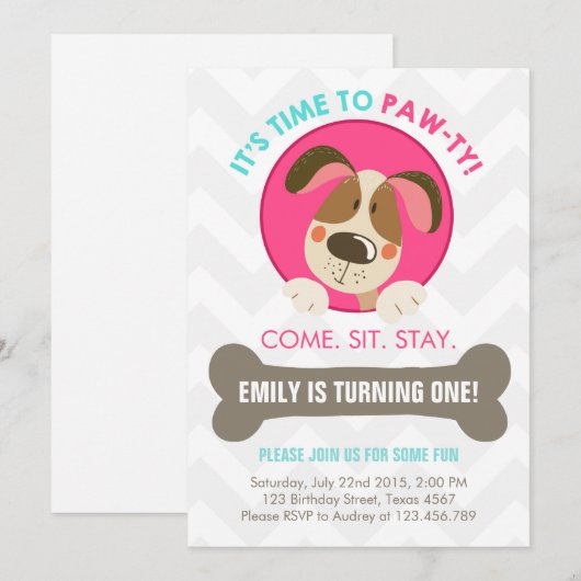 Puppy dog call roze turquoise chevron kaart (Voorkant / Achterkant)