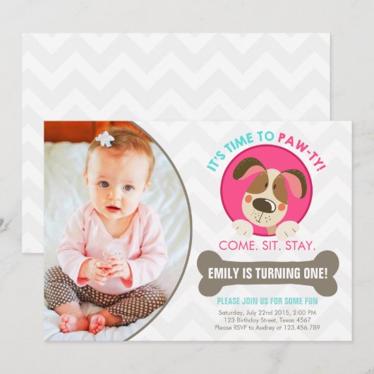 Puppy dog call roze turquoise chevron kaart (Voorkant / Achterkant)