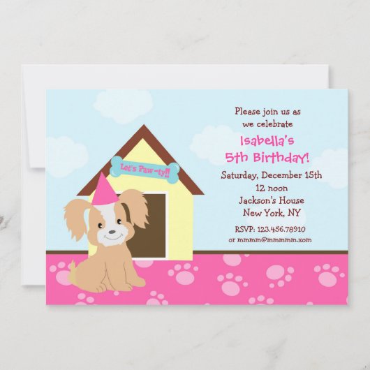 Puppy Dog Custom Birthda Party nodigt meisjes uit Kaart (Voorkant)
