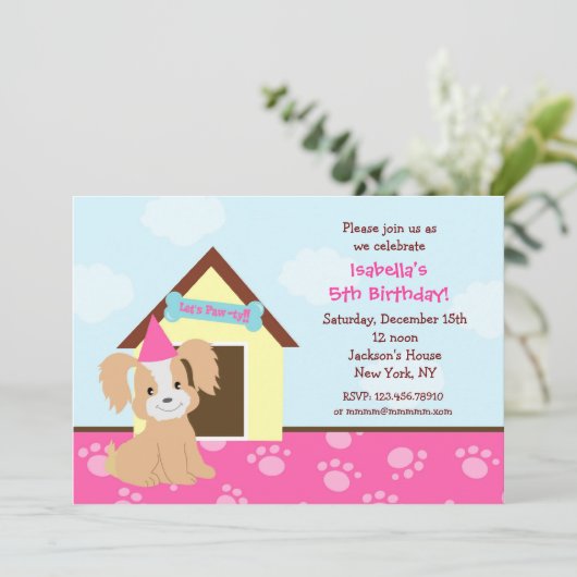Puppy Dog Custom Birthda Party nodigt meisjes uit Kaart (Staand voorkant)