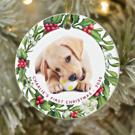 Puppy Dog Eerste Kerstmis Aangepast 2 Foto Mistlet Keramisch Ornament