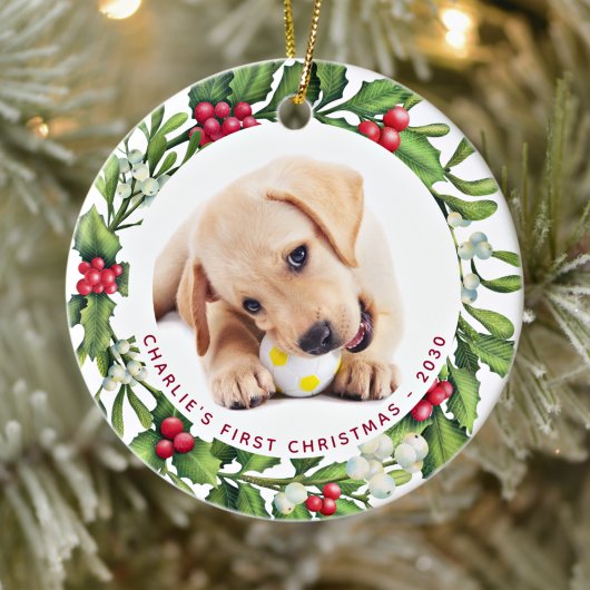 Puppy Dog Eerste Kerstmis Aangepast 2 Foto Mistlet Keramisch Ornament