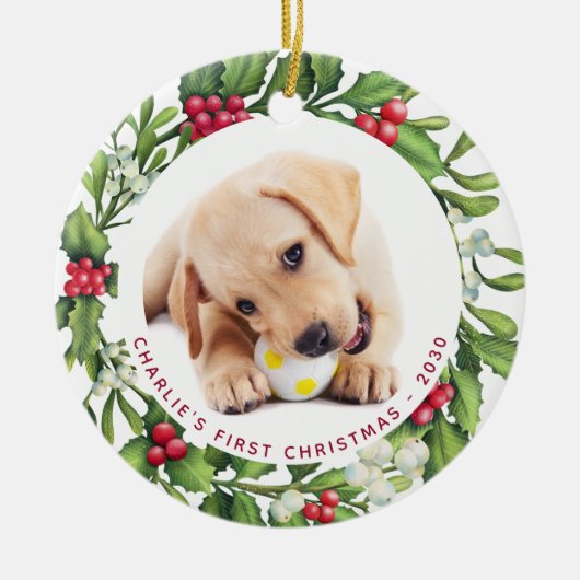 Puppy Dog Eerste Kerstmis Aangepast 2 Foto Mistlet Keramisch Ornament (Voorkant)