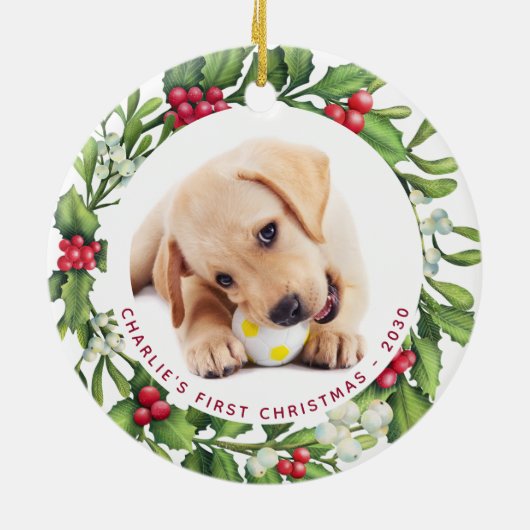 Puppy Dog Eerste Kerstmis Aangepast 2 Foto Mistlet Keramisch Ornament (Achterkant)
