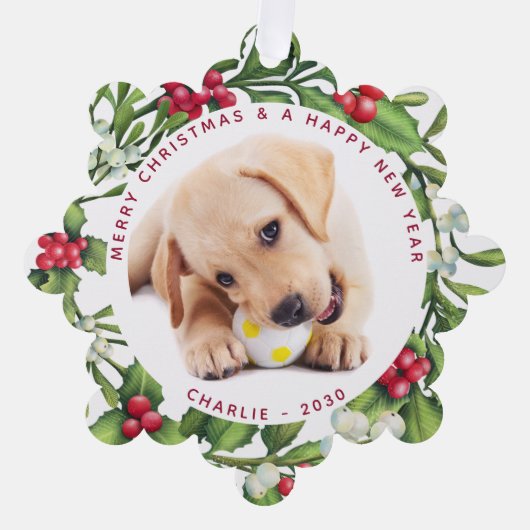 Puppy Dog Eerste Kerstmis Aangepast 2 Foto Mistlet Ornament Kaart (Voorkant)