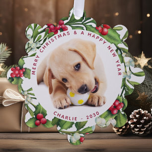 Puppy Dog Eerste Kerstmis Aangepast 2 Foto Mistlet Ornament Kaart