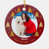 Puppy Dog Eerste Kerstmis Custom Pet Foto - Rood Keramisch Ornament (Voorkant)