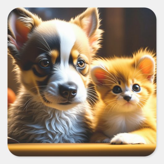 Puppy Dog en Sinaasappel Kitten Ai Art Vierkante Sticker (Voorkant)