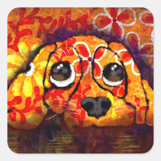Puppy Dog Eyes Whimsical Abstracte Bloemen Sinaasa Vierkante Sticker (Voorkant)