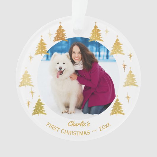 Puppy Dog First Kerstmis Foto White en Gold Ornament (voorkant)