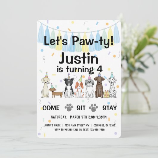 Puppy Dog Gender Neutral of Boy Birthday Pawty Kaart (Staand voorkant)