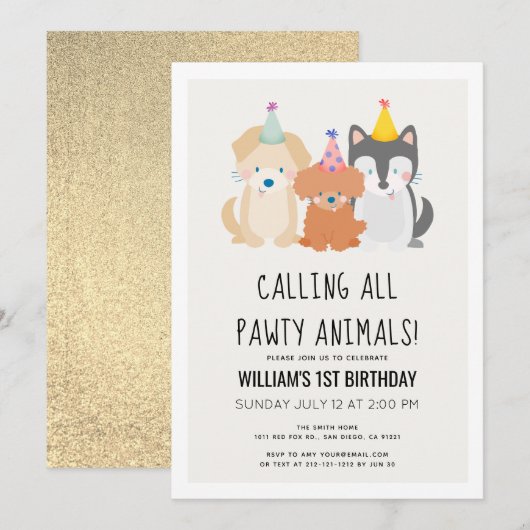 Puppy Dog Gold Glitter Pawty Animals Kaart (Voorkant / Achterkant)