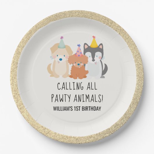 Puppy Dog Gold Glitter Pawty Animals Papieren Bordje (Voorkant)