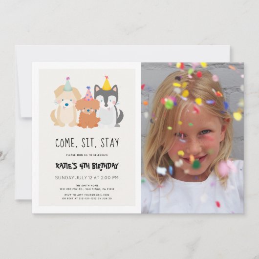 Puppy Dog Gold Glitter Verjaardag Pawty Foto Kaart (Voorkant)