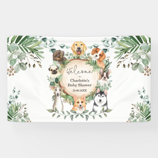 Puppy Dog Greenery verlaat Baby shower Welkom Spandoek (Horizontaal)
